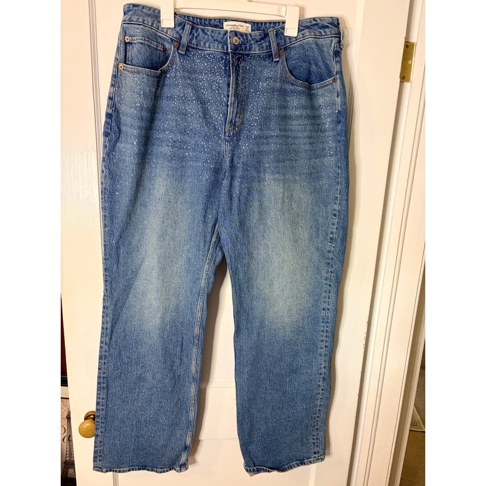 Abercrombie & Fitch 90s Relaxed High Rise Rhinestone Jeans Blue 34 Long Womens